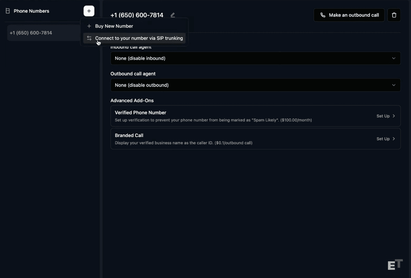 Panel de Retell mostrando la sección Phone Numbers