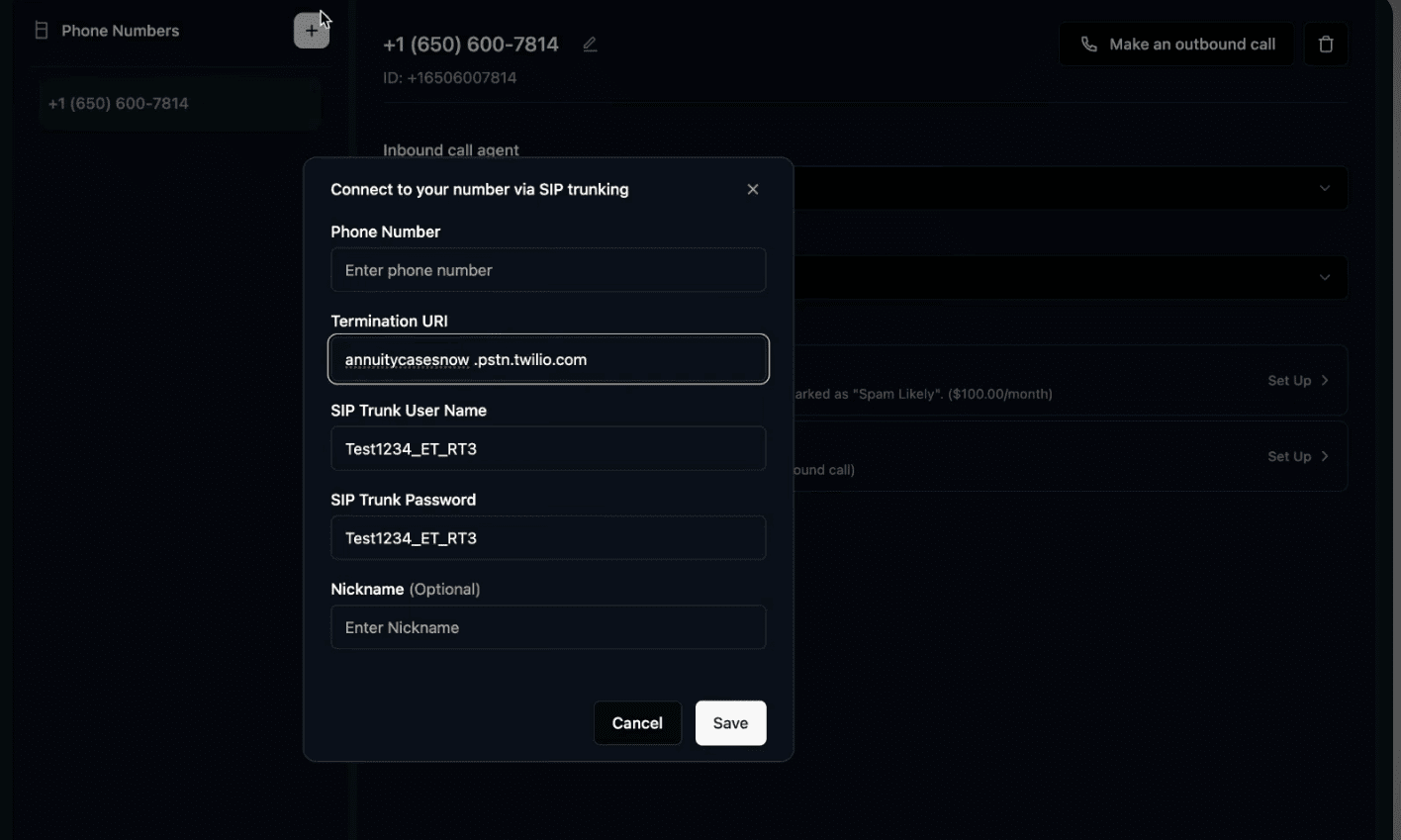 Formulario para conectar SIP Trunk en Retell