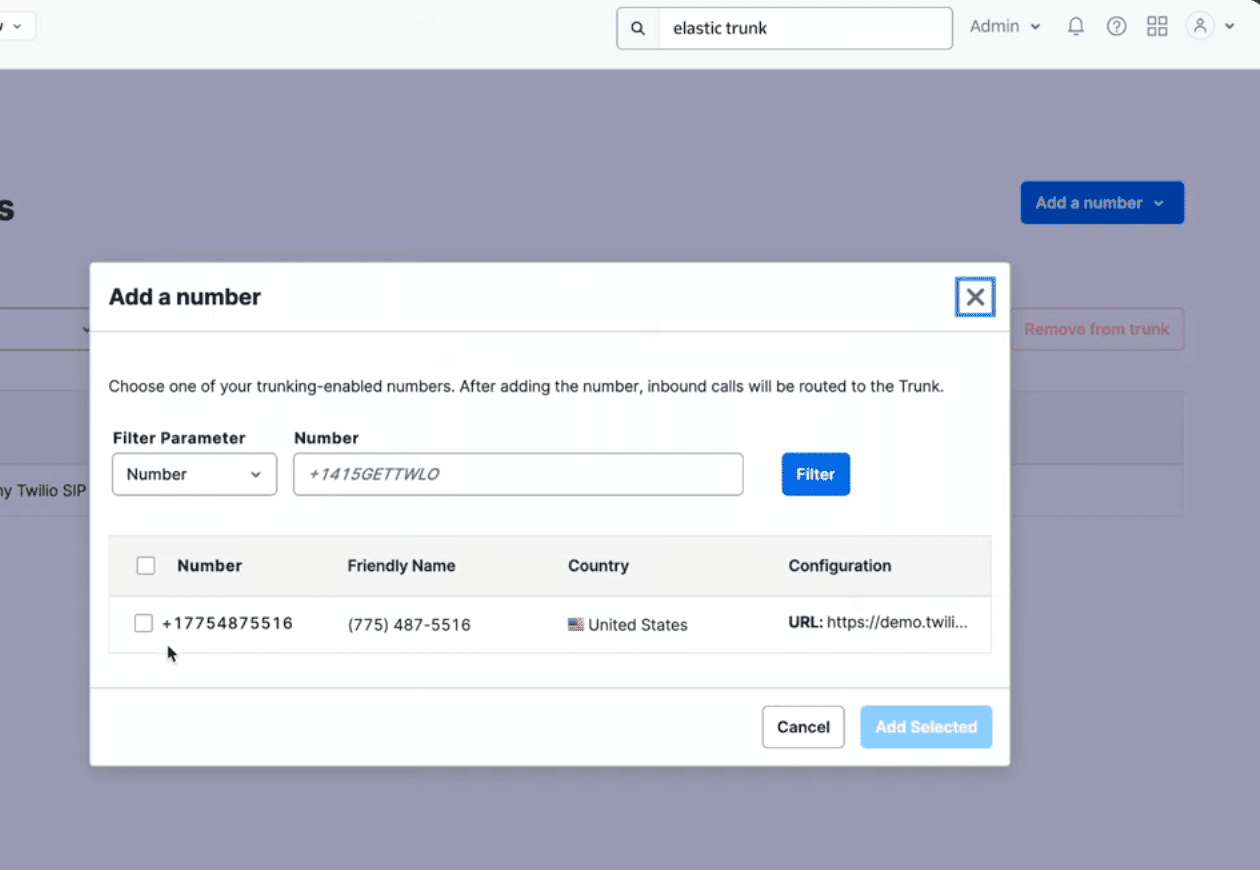 Número añadido correctamente al Trunk